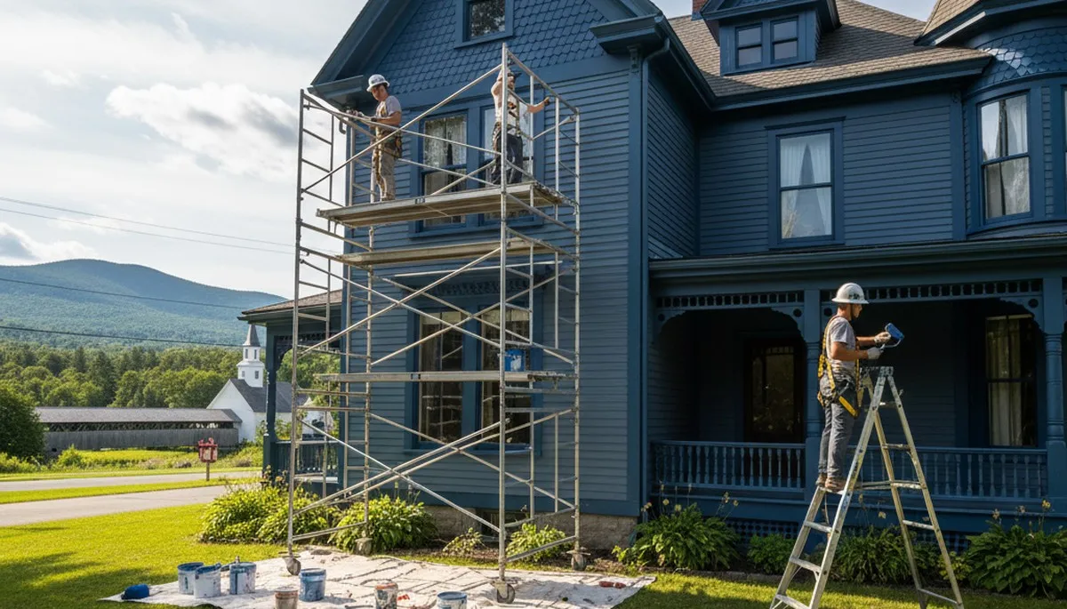 Painter working on a home exterior in Burlington, VT, for professional painting services